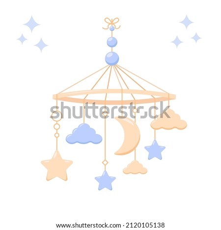 Baby rattle, hanging baby toy, mobile for crib new born. Toy Stars, moon, clouds. Pastel colors. Products for children. Element for nursery decoration, kids clothes. Cartoon vector illustration