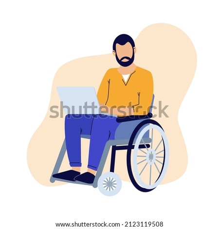 Wheelchair man working at laptop. Concept of employment and social adaptation of disabled people. Equal opportunities. Character outline with disabilities. Inclusivity. Vector illustration