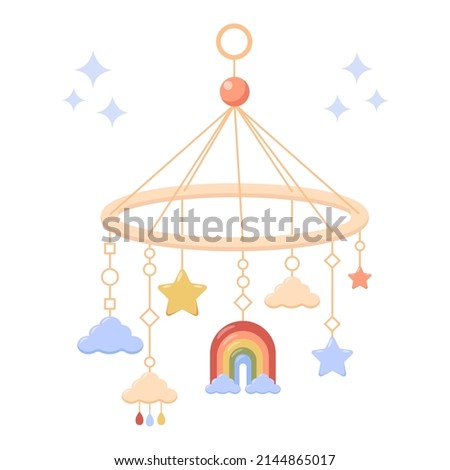 Baby rattle, hanging baby toy, mobile for crib new born. Toy Stars, rainbow, clouds. Pastel colors. Products for children. Element for nursery decoration, kids clothes. Cartoon vector illustration