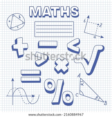 Cover of school notebook for mathematics. Notebook sheet in cage with mathematical symbols, formulas, graphs. Maths symbols icon set. Back to school. Blank for educational or scientific poster. Vector