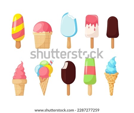 Big set of various ice cream. Assorted ice cream. Ice cream in pink glaze on stick. Vanilla fruit popsicle in chocolate. Bitten ice cream. Sweet summer dessert. Eskimo pie. Vector illustration 