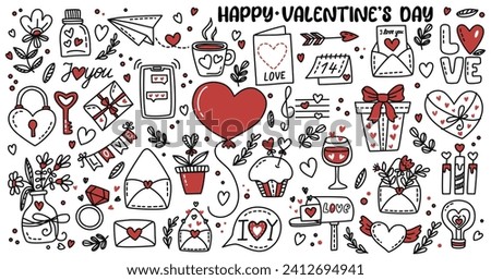 Valentines day doodle vector set. Hand drawn elements for Valentine's day. Outline icons on theme of love, romance, February 14 in doodle style. For banner, card, cover, poster, wallpaper, packaging