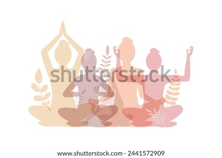 Set of meditating woman silhouettes in lotus position. Women practice meditation and stretching. Banner, poster, postcard for yoga studios