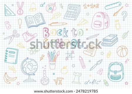 Hand drawn school supplies, stationery. Back to School concept. Free drawing of school subjects on checkered sheet of notebook. Sketch icon set, doodles. Good for wrapping paper, textile prints 