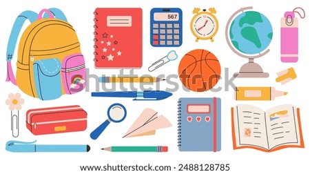 Big School supplies set. Cute school stationery collection. Backpack, book, notebooks, notepad, pen, pencils, marker, globe, alarm clock. for banner, poster, tag, scrapbooking. Vector hand draw 