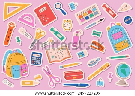 Large stationery set. Collection of school supplies and education stickers. Back to school. Backpack, books, paints, globe, alarm clock, stapler, tape, pencil box, ruler, pen, pencil. 