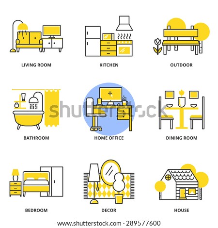 Furniture vector icons set: living room, kitchen, outdoor, bathroom, home office, dining room, bedroom, decor, house. Modern line style