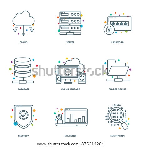 Cloud computing and network icons set, line style