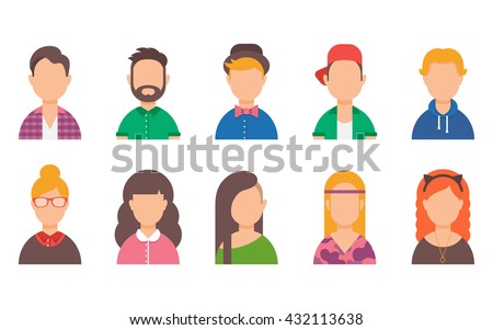 Set of avatars. Male and female characters. People's faces, man, woman, girl, boy, user, person. Fashion and style. Modern vector illustration flat style