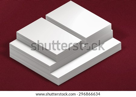 template to presentation. place for your design. many cards. stacks of paper. greeting cards. flyers. business cards. canvas background. A4. envelope. red background