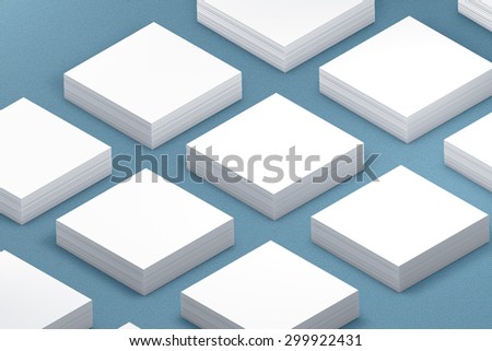 template to presentation. place for your design. many cards. stacks of paper. greeting cards. flyers. business cards. canvas background. square card. blue background