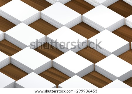 template to presentation. place for your design. many cards. stacks of paper. greeting cards. flyers. business cards. wood background. checkerboard pattern