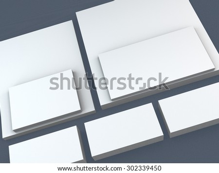 template to presentation. place for your design. many cards. stacks of paper. greeting cards. flyers. business cards. canvas background. blue background