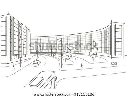 Linear architectural sketch street in a square