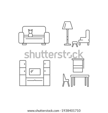 Furniture store linear icons set. Home furnishings. Interior design. Silhouette symbol on white space. Vector isolated illustration. Editable stroke