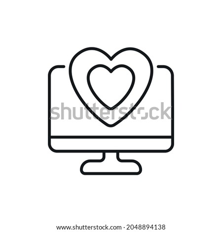 Heart with computer linear icon. Dating site. Thin line customizable illustration. Contour symbol. Vector isolated outline drawing. Editable stroke