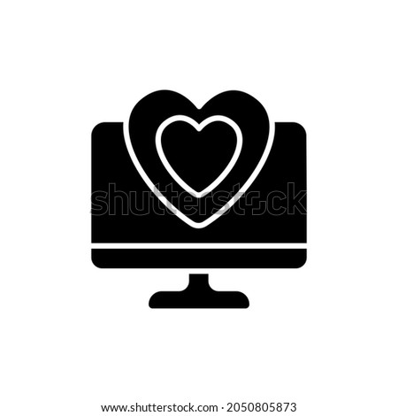 Heart with computer glyph icon. Vector fill black illustration.