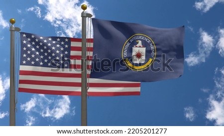 CIA Flag, USA together with American Flag Close-up Frontal on a Pole with blue cloudy sky, 3D Render Zdjęcia stock © 