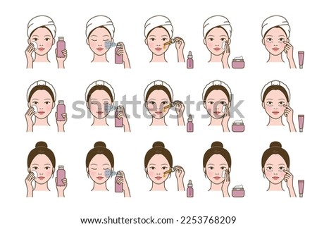 Cosmetic skin care routine_woman(girl) applying a toner, mist spray, ampoule, lotion, eye cream