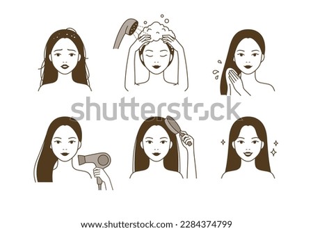 Beautiful woman washing her hair with shampoo, and drying her hair