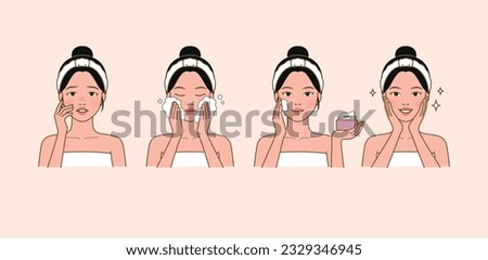 Cosmetic skin care routine_washing face, applying lotion_North Asian woman(girl)