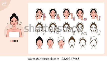 Cosmetic skin care routine_applying toner, lotion, cream, mist, oil_North Asian woman(girl)
