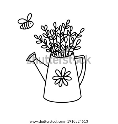 Hand drawn outline Watering Can with Willow branches and flying bee. Contour drawing Easter Gardening Spring decoration. Floral doodle illustration for design kid and adult coloring page, poster, card