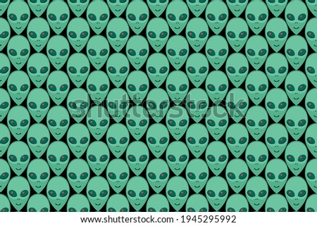 Seamless pattern with Aliens green heads. UFO, Humanoids endless backdrop isolated. Smiling visitors, Martians. Vector illustration, wallpaper on theme of space, conspiracy theory, Sci-fi, fantastic