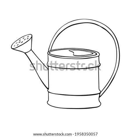 Watering can in hand drawn doodle style isolated on white background. Vector outline illustration. Tools for working on the farm, in the dacha, country