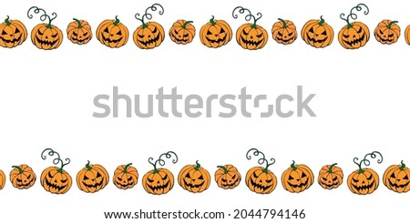 Background, frame for Halloween. Horizontal top and bottom edging, border of festive elements and characters - Jack lantern, pumpkin. Background for greeting card, invitation, party poster, banner