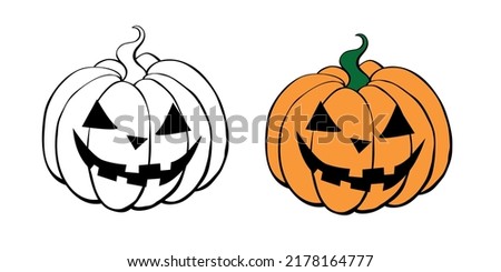 Vector simple scary spooky smiling Halloween pumpkin isolated. Jack o Lantern. Two variants - black contour for coloring in doodle style, color flat drawing. Traditional decoration symbol of holiday