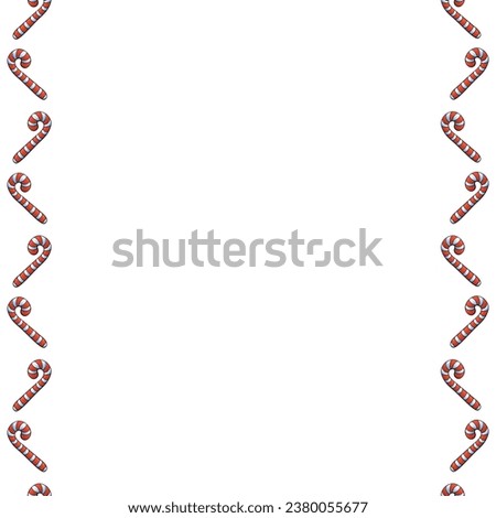 Vector background, frame, side border from red candy cane. Vertical edging, decoration on theme sweet New Year and Christmas. For greeting cards, invitations, xmas design