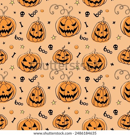 Vector Seamless pattern with pumpkins, Jack o Lantern. Halloween backgrounds and textures in flat doodle style, isolated.