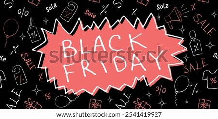 Black friday - lettering, vector poster. Hand drawn illustration in doodle flat style. Theme of shopping, discounts, sales for advertising, marketplaces, leaflets, shops