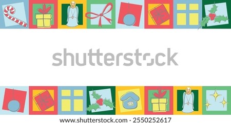 Vector background, frame, border of festive xmas holiday icons in flat style. Modern geometric Christmas mosaic, isolated. Horizontal top and bottom edging, bright decoration