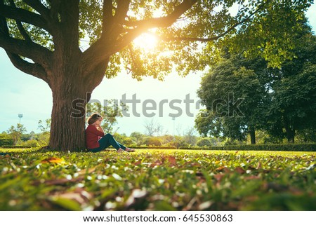 Similar – Image, Stock Photo Lonely woman admiring autumn landscape of lake and mountains