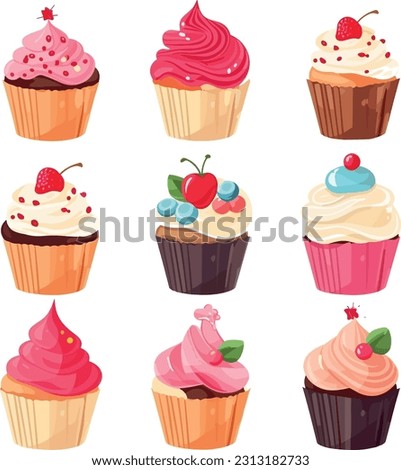Set of cupcakes in a minimalistic composition, delightful colors and intricate designs
