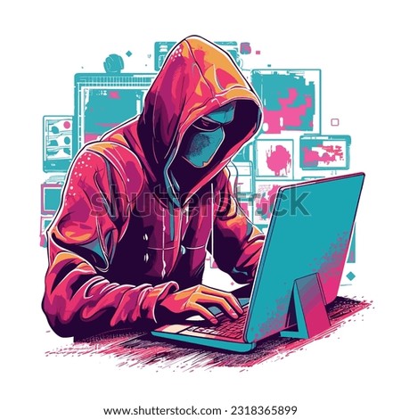 spy engaged in cyber espionage, sitting at a computer with a hoodie or mask, surrounded by screens and code