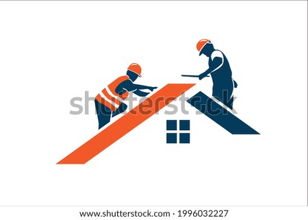 Workers inspect the house roof. Vector illustration.