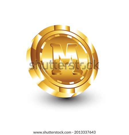Gold casino poker chips with letter M in center. Vector Illustration.