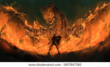 Warrior standing confront dragon in the flames,Monster tale ,Creatures of myth and legend ,digital art, Illustration painting.