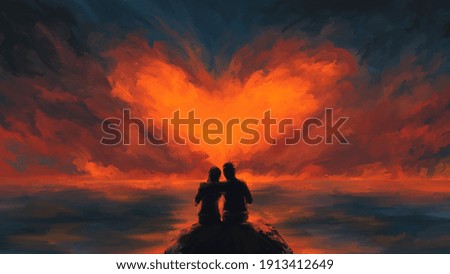 Scene of couple looking heart-shaped clouds , fantasy,valentine day, romantic ,digital art, Illustration painting.