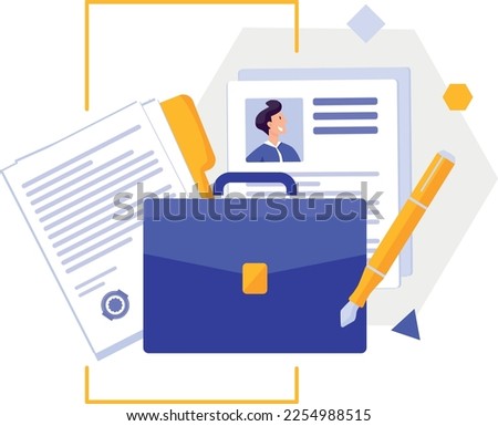 
purple briefcase with documents, personal file, portfolio and yellow pen vector drawing