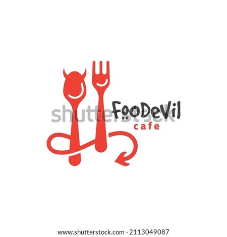 Food logo Devil icon. Fork and Spoon inside circles. Catering concept.