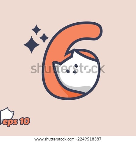 Cute cat peeking from inside number 6, in trendy style. Vector illustration.