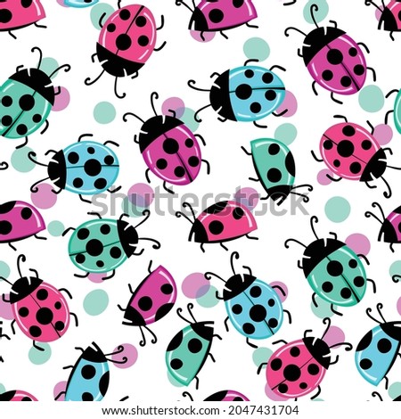 Fashion animal seamless pattern with colorful ladybird on white background. Cute holiday illustration with ladybags for baby. Design for invitation, poster, card, fabric, textile. 