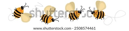 Set of cartoon bee mascot. A small bees flying on a dotted route. Wasp collection. Vector characters. Incest icon. Template design for invitation, cards. Doodle style.