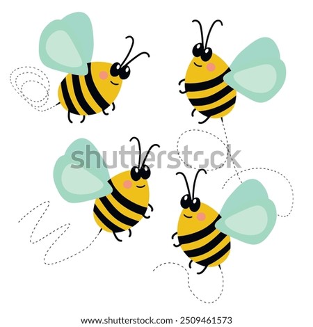 Cartoon bee mascot. A small bees flies. Wasp collection. Vector characters. Incest icon. Template design for invitation, cards. Doodle style.