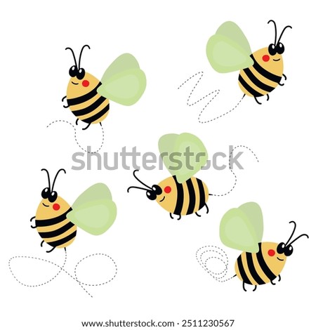 Cartoon bee mascot. A small bees flies. Wasp collection. Vector characters. Incest icon. Template design for invitation, cards. Doodle style.