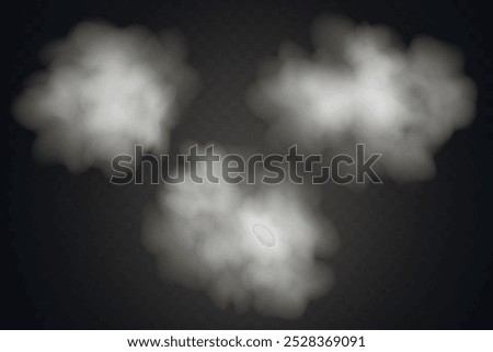 Smoke effect background. Realistic decorative fog in the air, vapor, creeping smoke puff. Layout of cloudy smog. Transparency vector illustration.